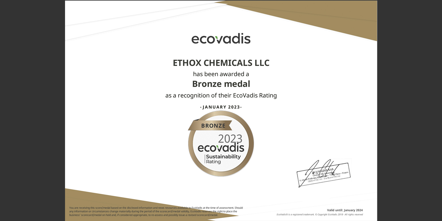 Ethox Chemicals, LLC Receives EcoVadis Bronze Medal